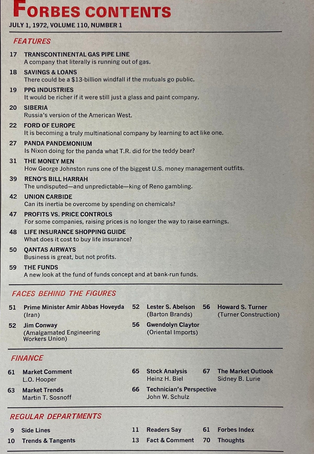 Contents page of Forbes Magazine, July 1, 1972, listing articles including 'Ford of Europe' and other economic topics relevant to multinational companies.