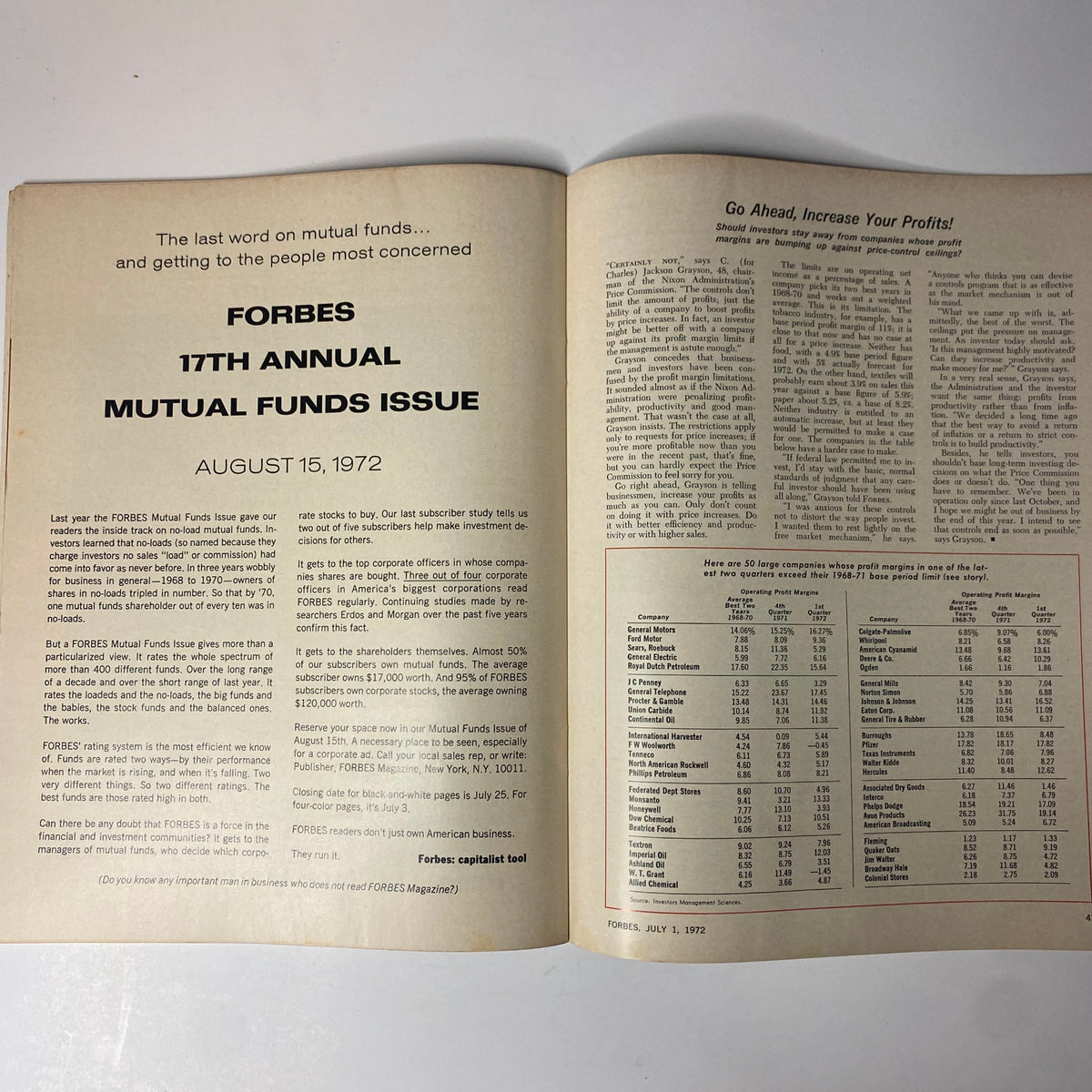 Inside page of Forbes Magazine, July 1, 1972, displaying information about the mutual funds issue and financial statistics relevant to investors.