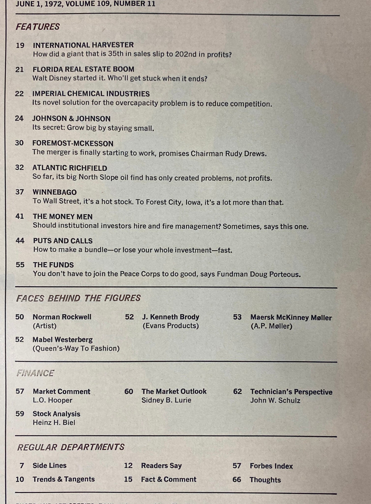 Table of contents from Forbes Magazine, June 1, 1972, listing articles on corporate strategies, including a feature on Johnson & Johnson.