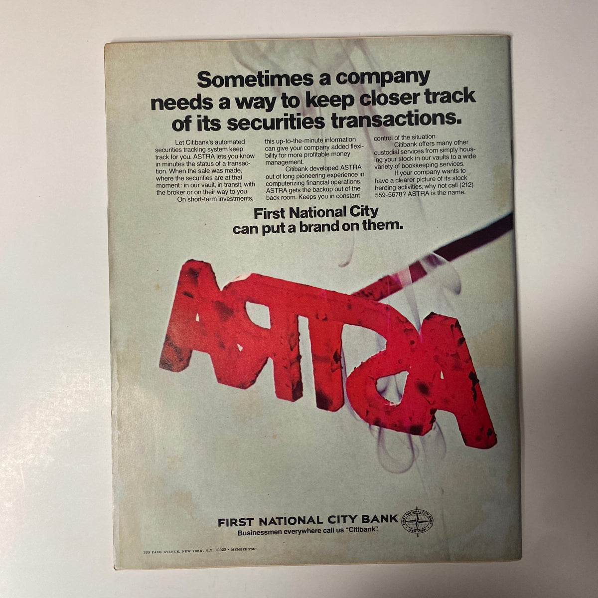Back cover of Forbes Magazine, June 1, 1972, featuring an advertisement for Citibank's ASTRA securities tracking system.