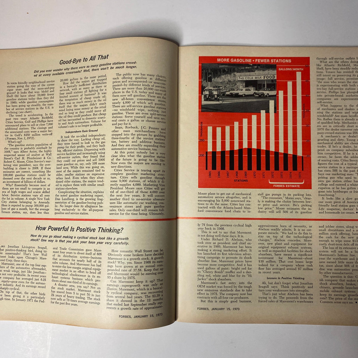 Article spread from Forbes Magazine January 15, 1973, discussing fuel distribution and the changing landscape of gas stations amid economic shifts.