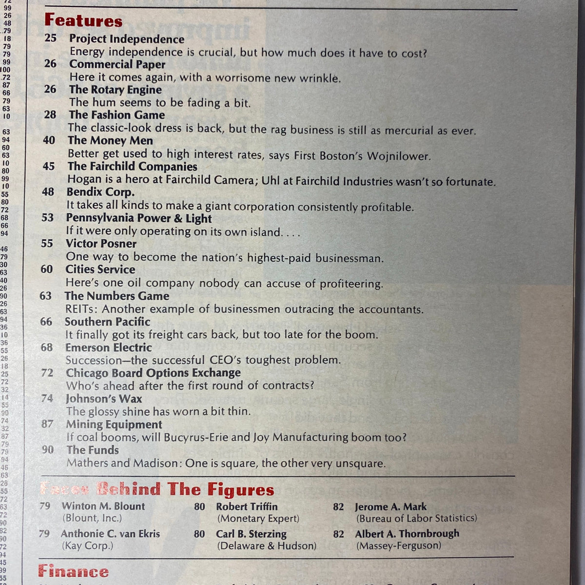 Contents page of Forbes Magazine March 15, 1974, highlighting featured articles on Project Independence, energy independence, and commercial paper, reflecting the economic themes of the early 1970s.