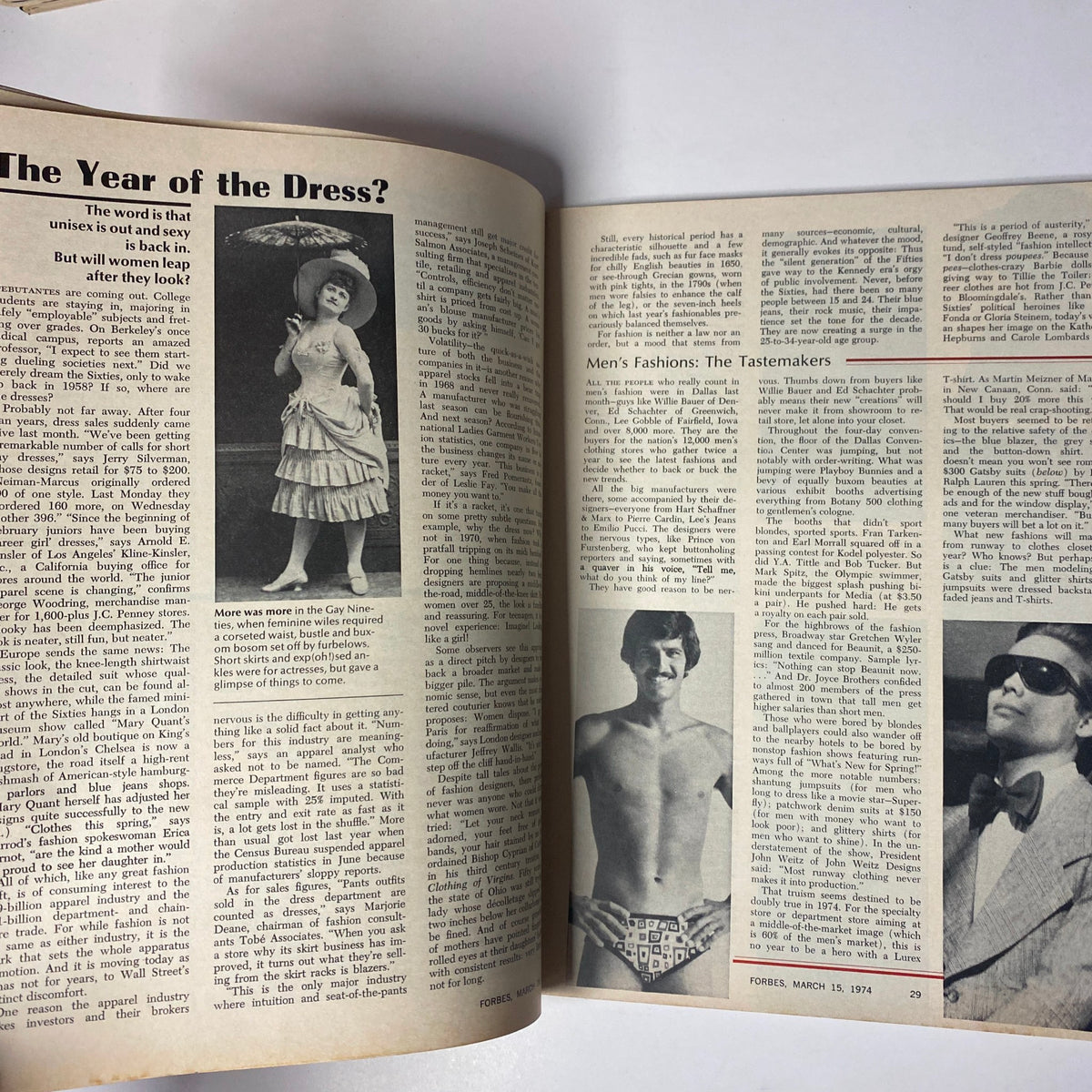 Interior page of Forbes Magazine March 15, 1974 discussing fashion trends with the headline 'The Year of the Dress?' and showcasing vintage men's fashion photography.