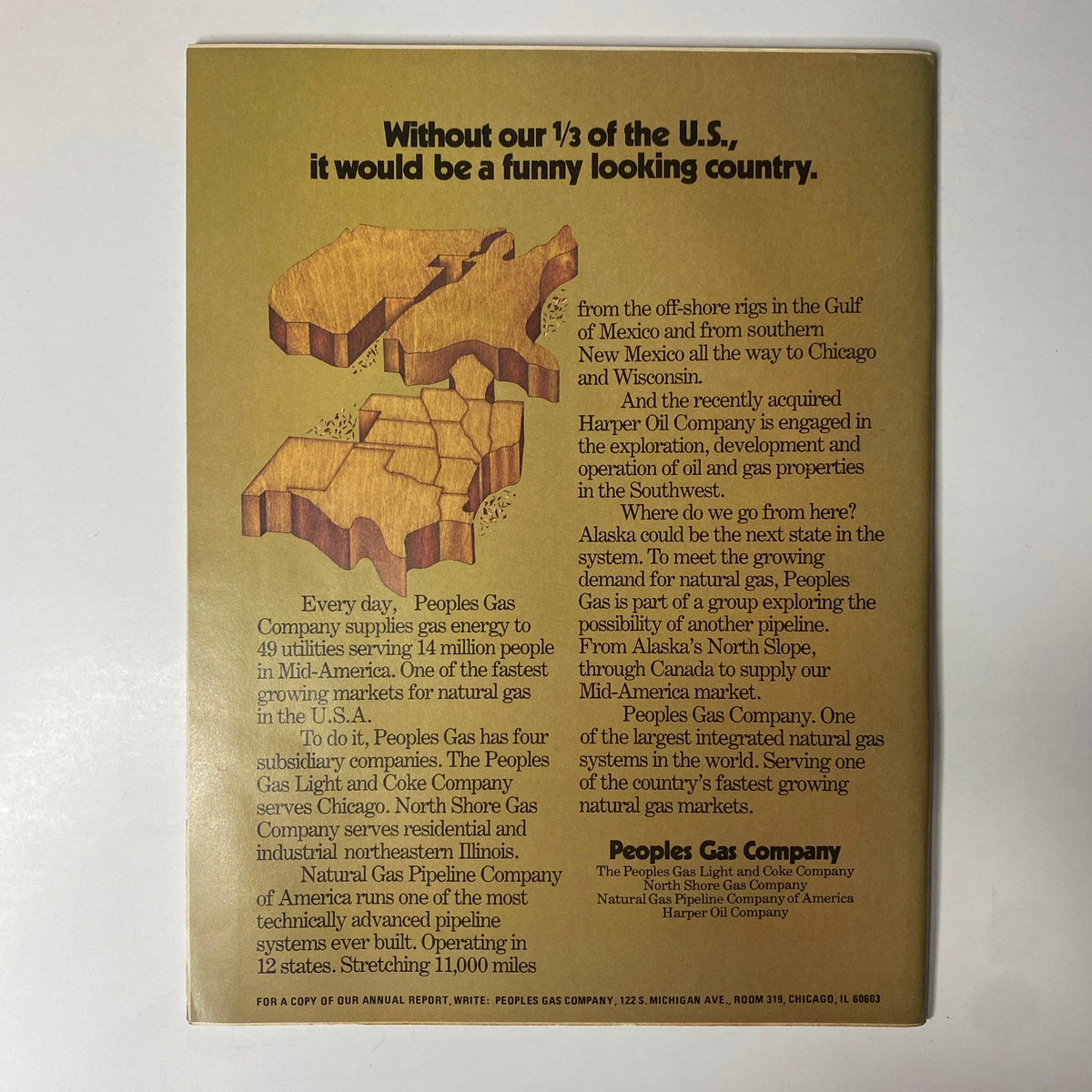 Back cover of Forbes Magazine March 15, 1974 featuring an advertisement for Peoples Gas Company and depicting a stylized map of the U.S. highlighting gas supply distribution.