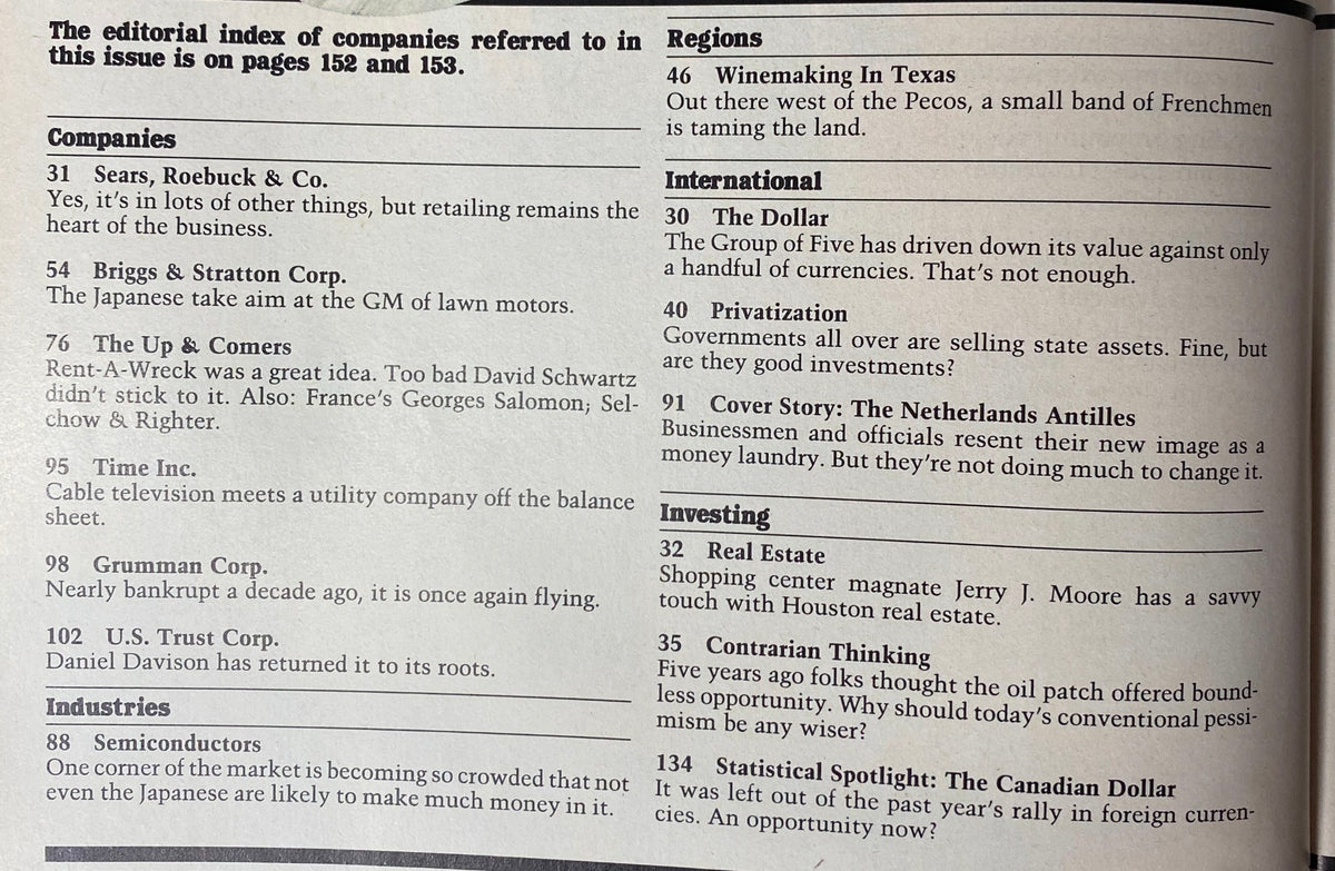 Editorial index page from Forbes Magazine April 7, 1986, detailing companies like Sears, Roebuck & Co. and Grumman Corp., alongside features on finance and international topics.