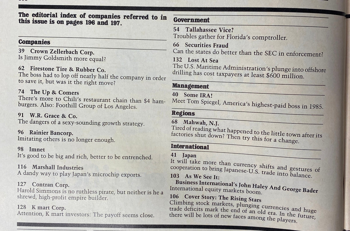 Index page layout from Forbes Magazine May 5, 1986, listing companies and key articles featured in the issue.