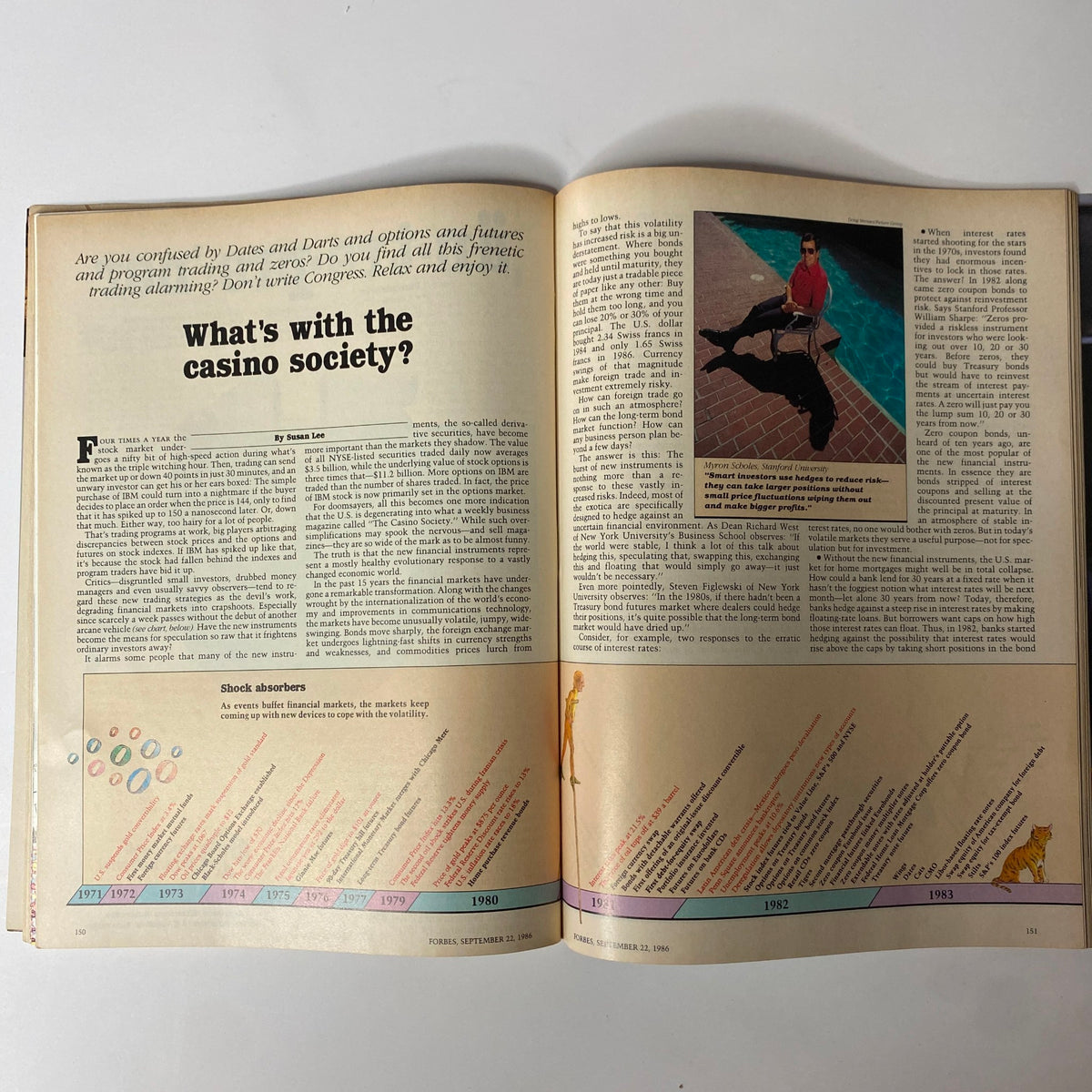 Inside spread of Forbes Magazine September 22, 1986 featuring the article titled 'What's with The Casino Society?', discussing speculative trading and finance with various elements and graphics.