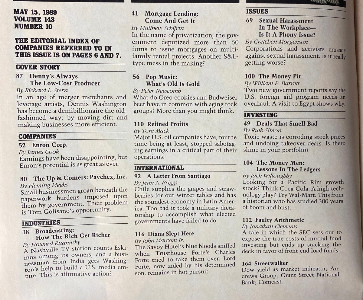 Table of contents from Forbes Magazine, May 15, 1989, detailing articles including 'Denny's Always The Low-Cost Producer', corporate insights, and economic analysis from the era.