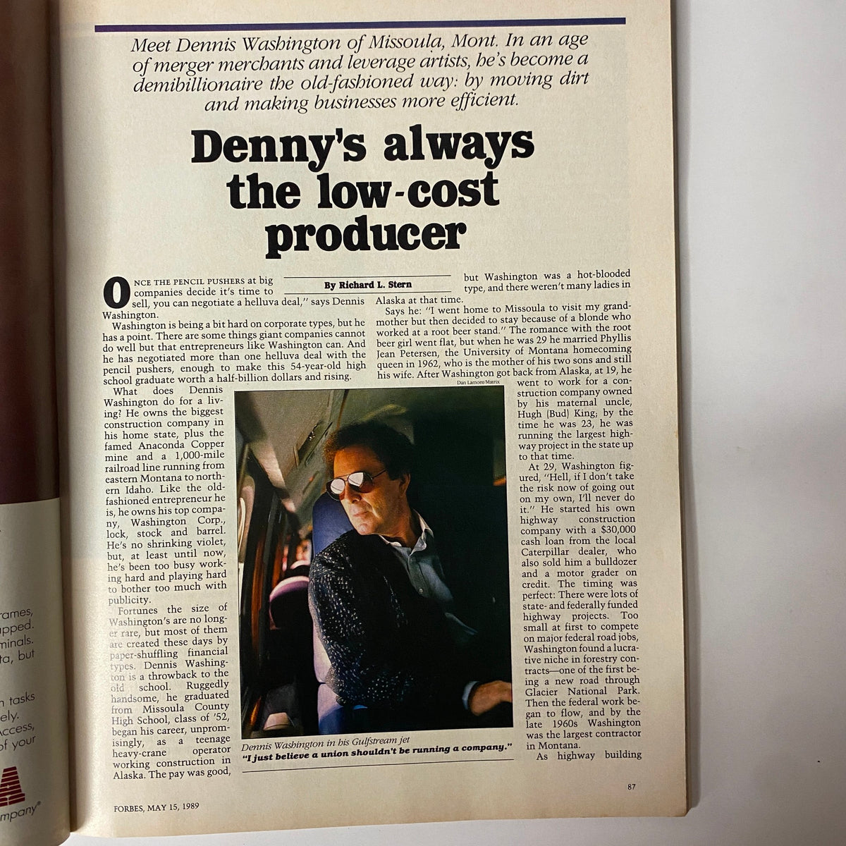 Feature article titled 'Denny's Always The Low-Cost Producer' in Forbes Magazine May 15, 1989, highlighting Dennis Washington and his business strategies, with a photo of Washington.