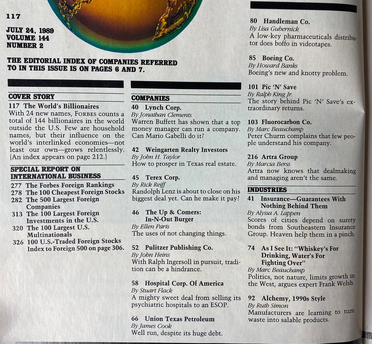 Page from Forbes Magazine July 24, 1989, showing the editorial index of companies and reference to the cover story 'The World's Billionaires'.