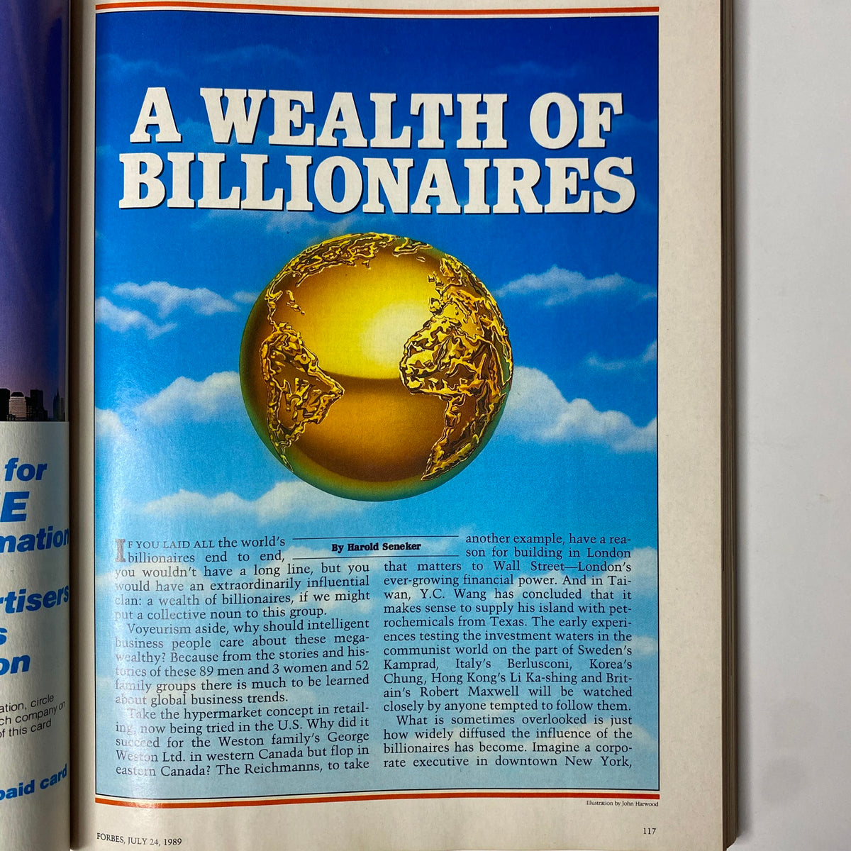 Article page from Forbes Magazine July 24, 1989, titled 'A Wealth of Billionaires', discussing the influence of the world's billionaires.