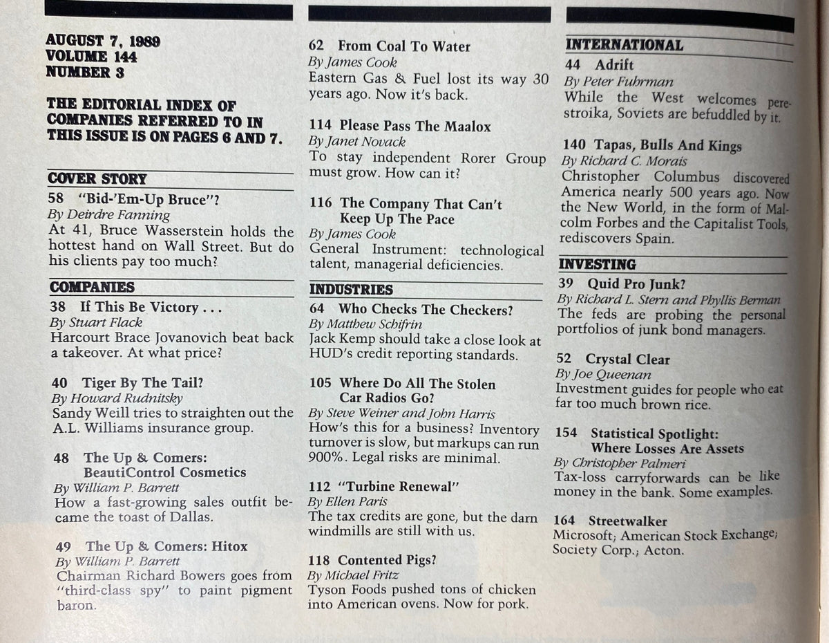 Editorial index page from Forbes Magazine August 7, 1989, listing articles including the cover story featuring Bruce Wasserstein.