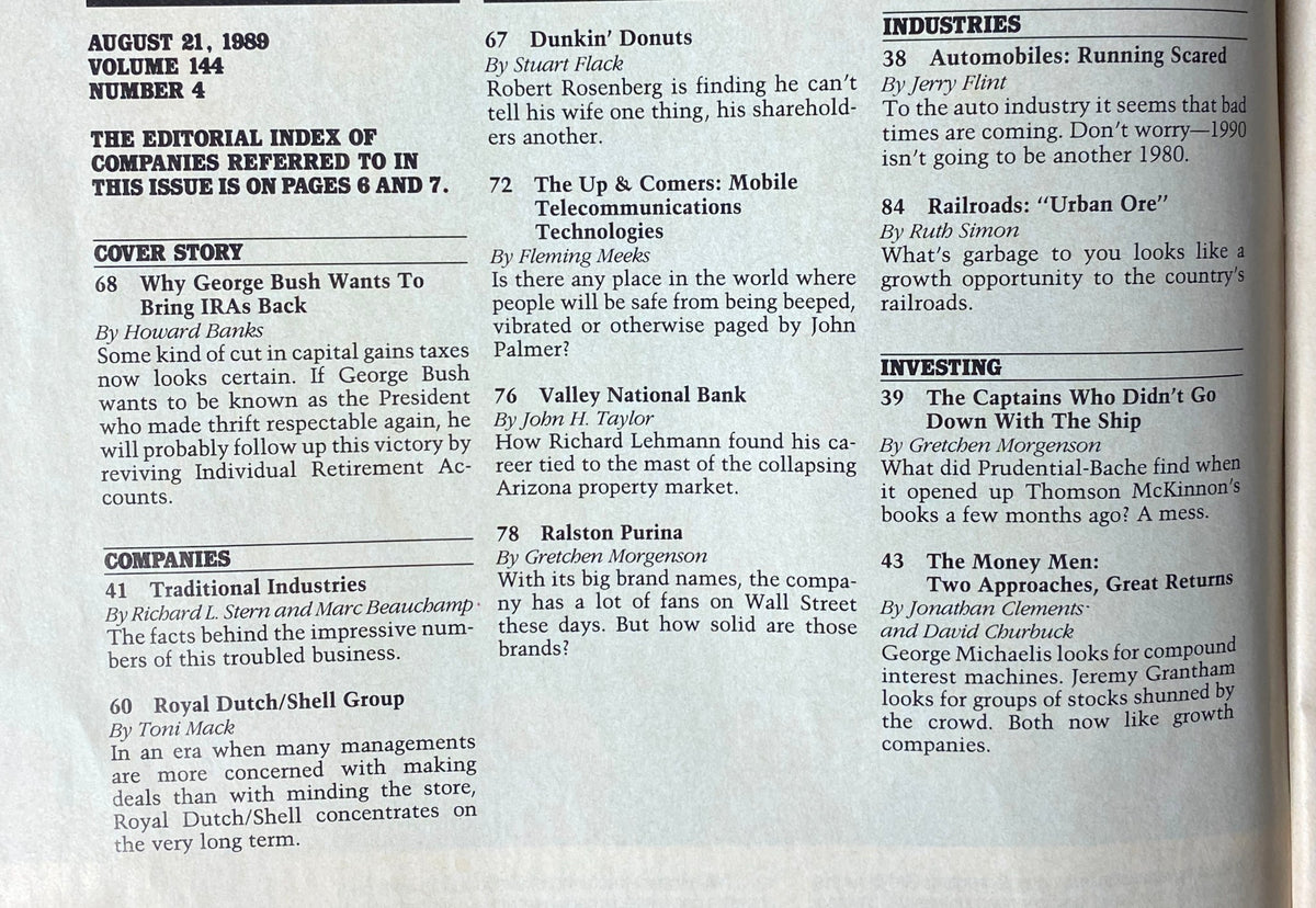 Table of contents from Forbes Magazine August 21, 1989, highlighting the cover story 'Why George Bush Wants To Bring IRAs Back' and listing various articles, including profiles on companies like Dunkin’ Donuts and Royal Dutch/Shell Group.