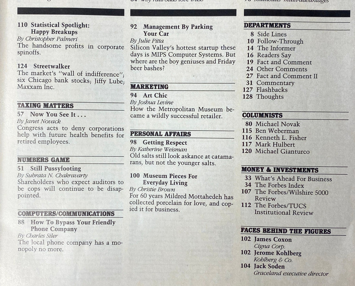 Table of contents from Forbes Magazine August 21, 1989 showcasing articles including 'Statistical Spotlight: Happy Breakups' and 'Management By Parking Your Car,' related to corporate strategies and economic analysis in the late 1980s.