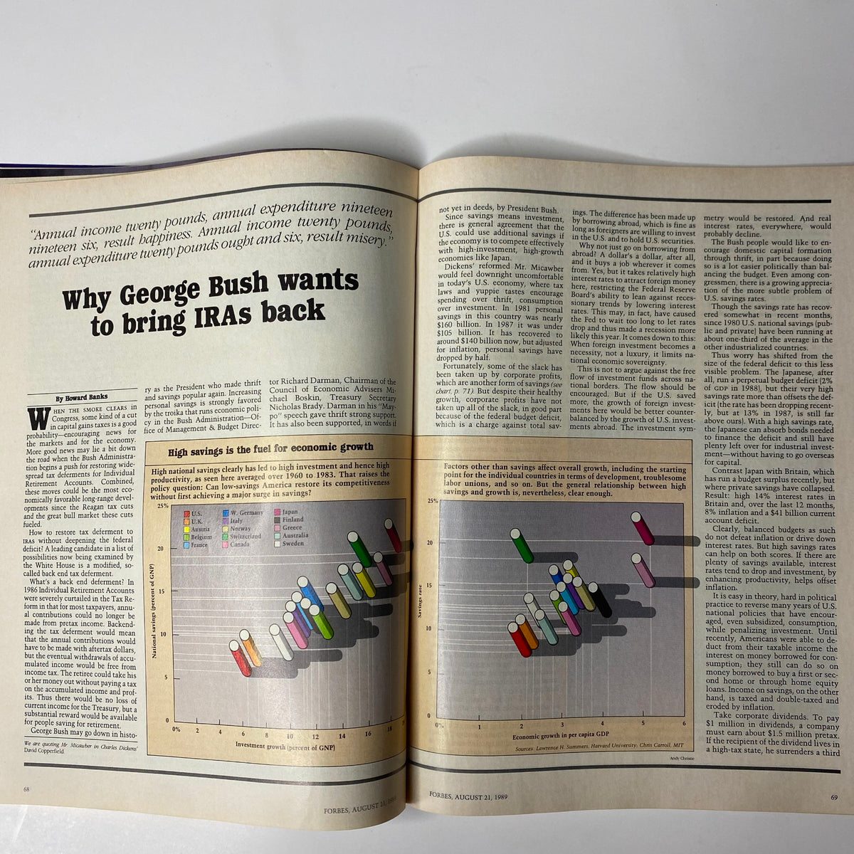 A page from Forbes Magazine August 21, 1989 detailing the cover story 'Why George Bush Wants To Bring IRAs Back,' accompanied by charts illustrating economic growth and savings trends during that era.