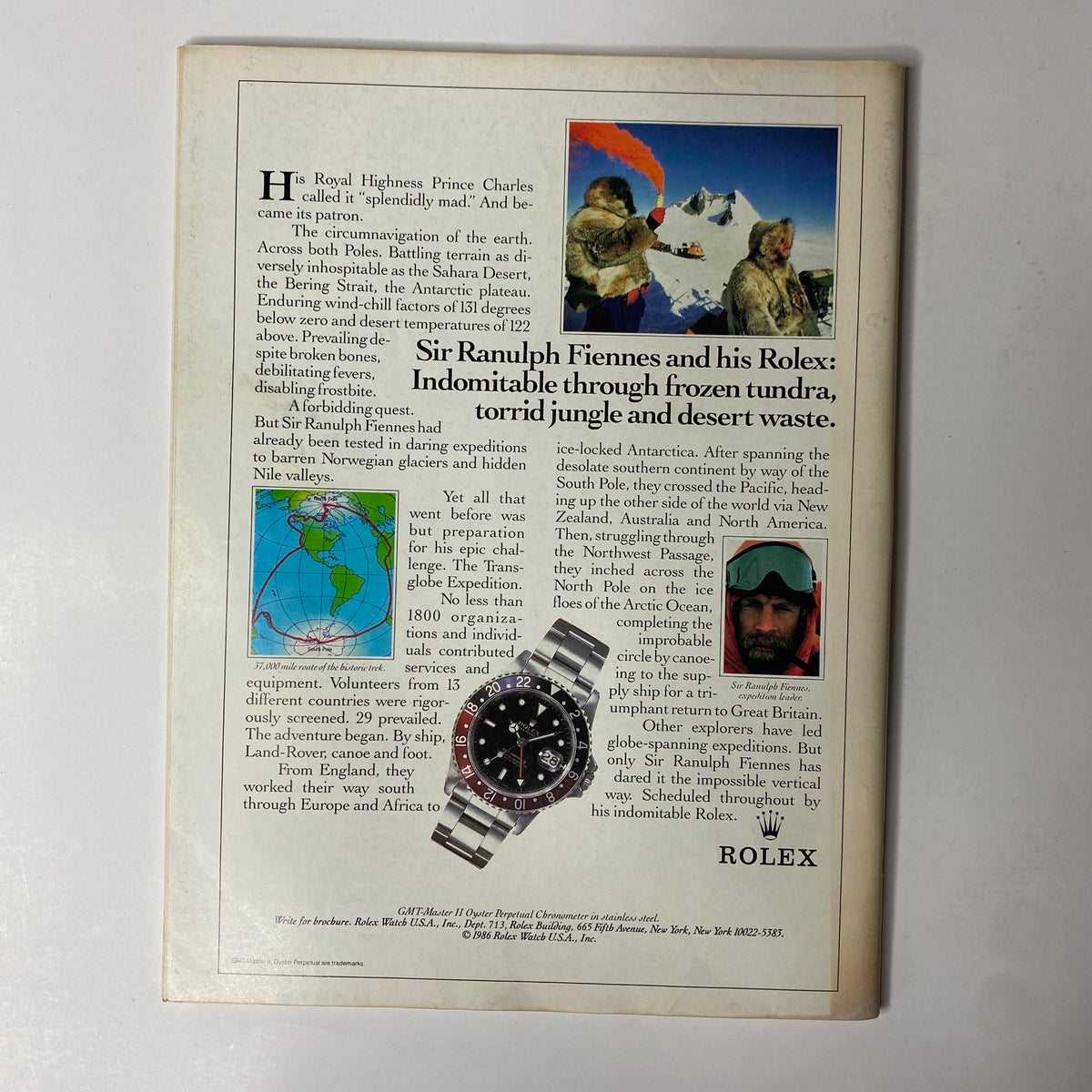 The back cover of Forbes Magazine August 21, 1989 featuring an advertisement for Rolex detailing Sir Ranulph Fiennes and his expedition adventures, highlighting the ruggedness of the watch.