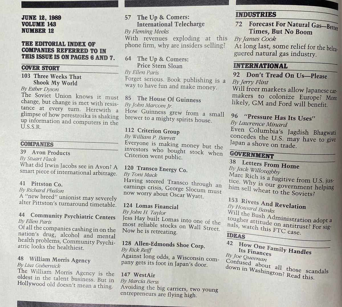 Inside pages of Forbes Magazine June 12, 1989 showcasing the editorial index and cover story details, highlighting corporate strategies and insights during a pivotal economic period.