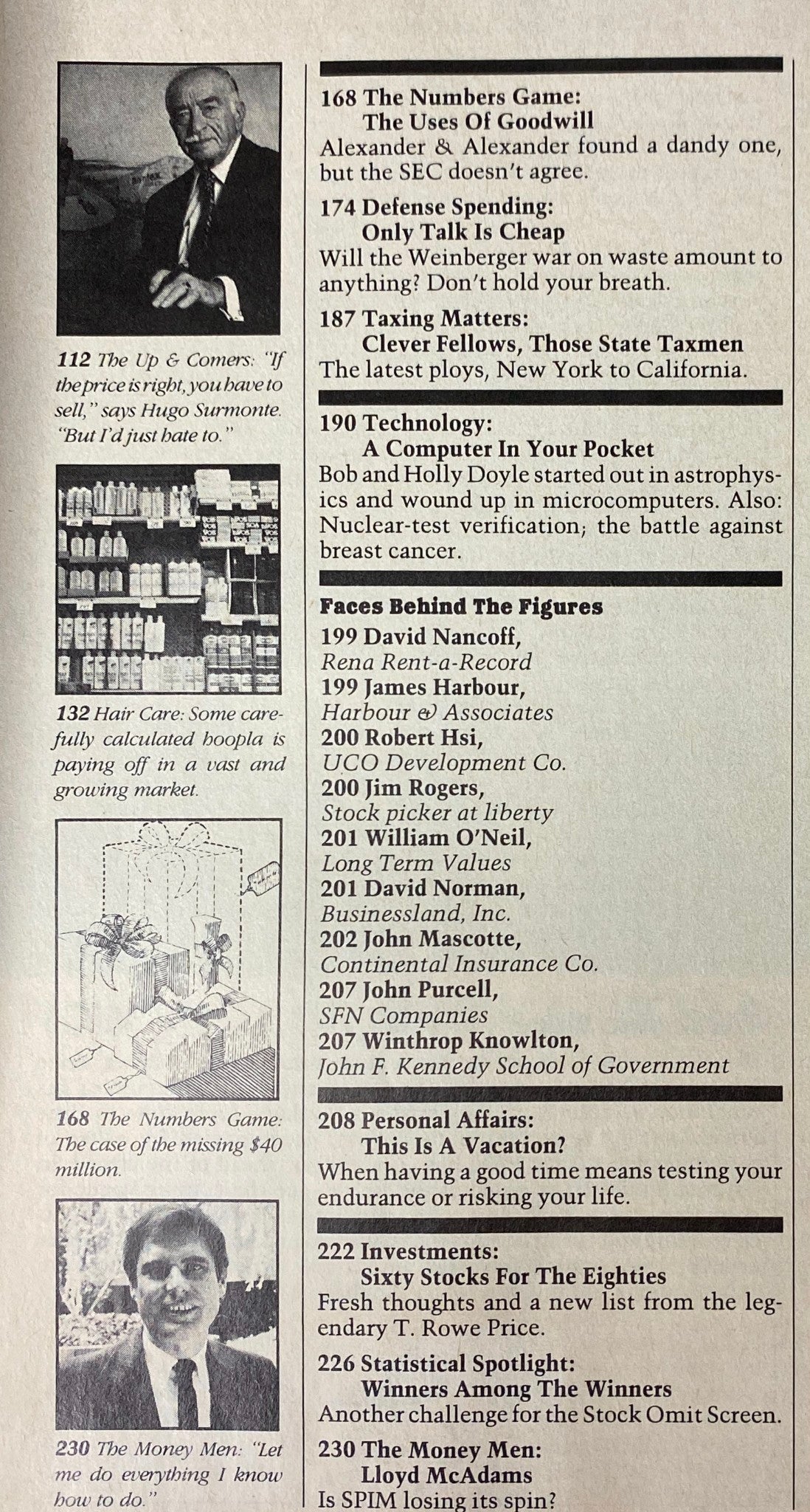 Interior page of Forbes Magazine December 6, 1982 featuring articles on finance, economics and corporate profiles, with a photo of Hugo Surmonte discussing market trends.