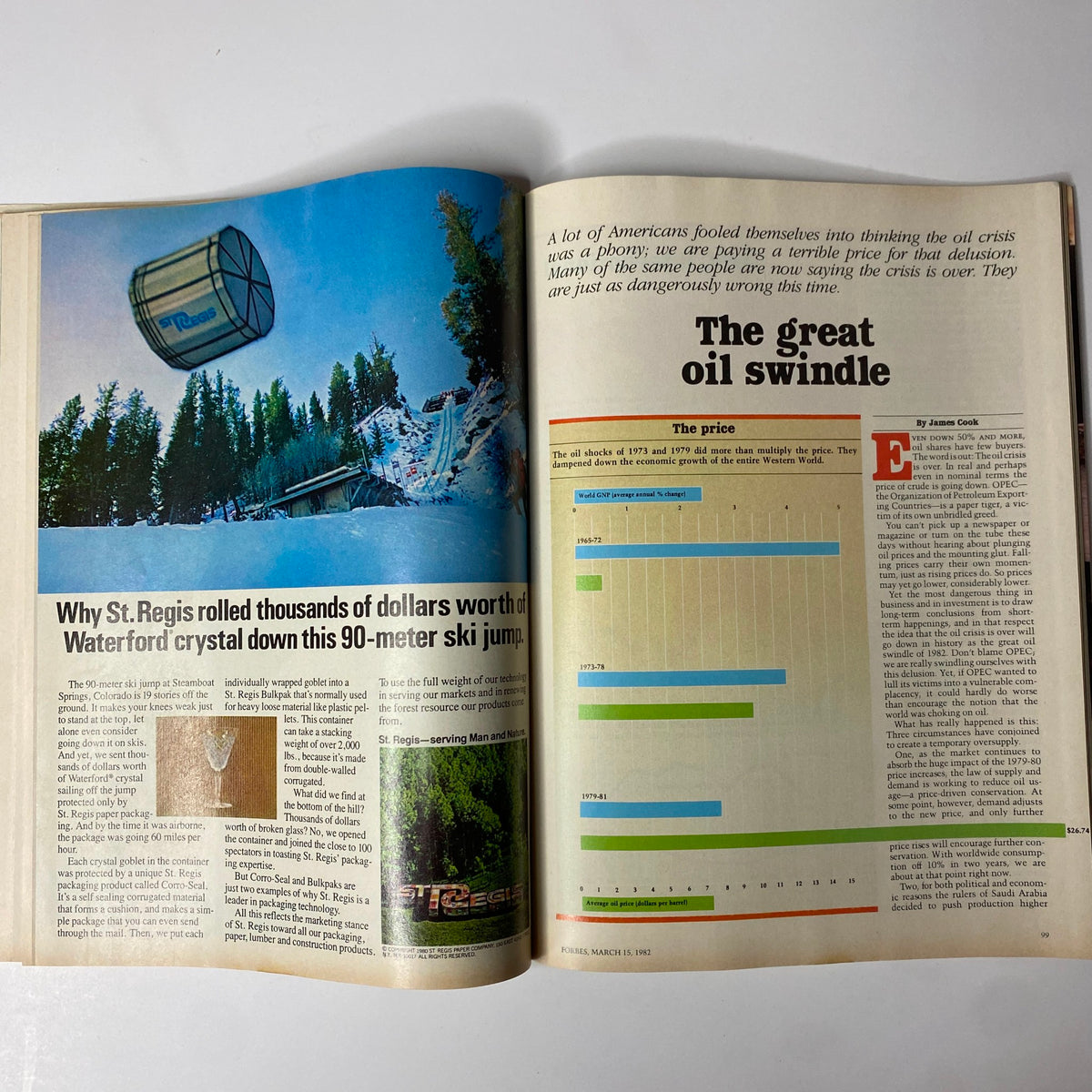 Open page of Forbes Magazine March 15, 1982 discussing the economic impact of oil crises with the headline 'The Great Oil Swindle.'
