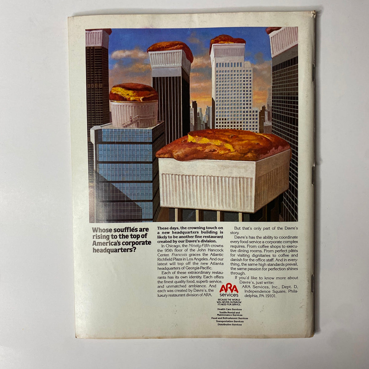 Back cover of Forbes Magazine March 15, 1982 featuring a whimsical advertisement connected to corporate dining, complementing the issue 'The Great Oil Swindle of 1982.'
