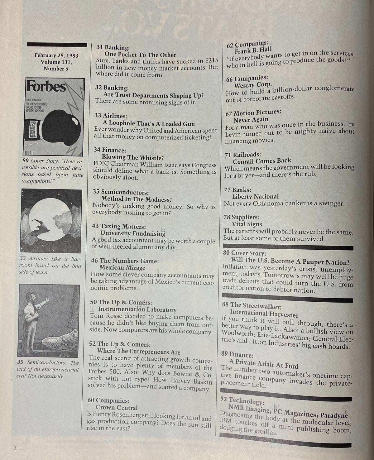 Interior page of Forbes Magazine, February 28, 1983, showing articles including the cover story 'Will the U.S. Become A Pauper Nation?' and other economic topics relevant to the era.