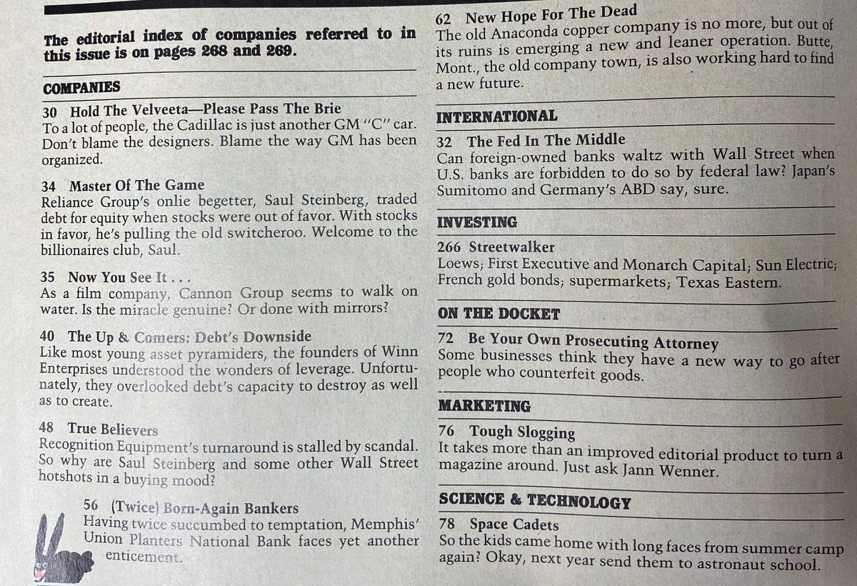 Interior page of Forbes Magazine September 8, 1986 showing the editorial index of companies, highlighting articles such as 'Hold The Velveeta—Please Pass The Brie' and 'Master Of The Game'.