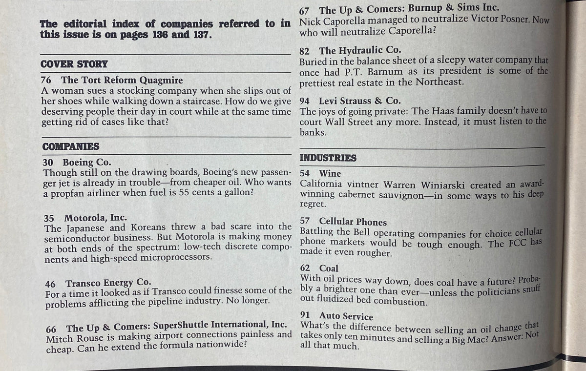Index page from Forbes Magazine August 11, 1986 listing key articles including the cover story 'The Tort Reform Quagmire' and insights into major companies like Boeing and Motorola.
