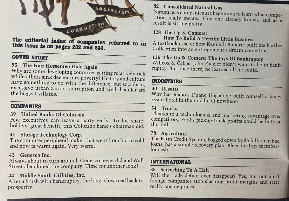 Editorial index of Forbes Magazine July 28, 1986 showcasing the cover story 'The Four Horsemen Ride Again' along with various articles related to economic factors and companies.