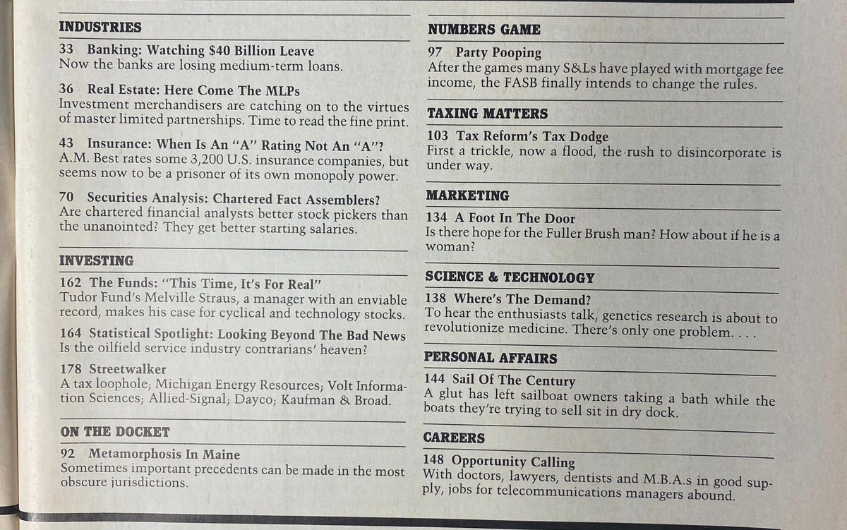 Industries section from Forbes Magazine October 20, 1986, discussing banking, real estate, insurance, and securities analysis.