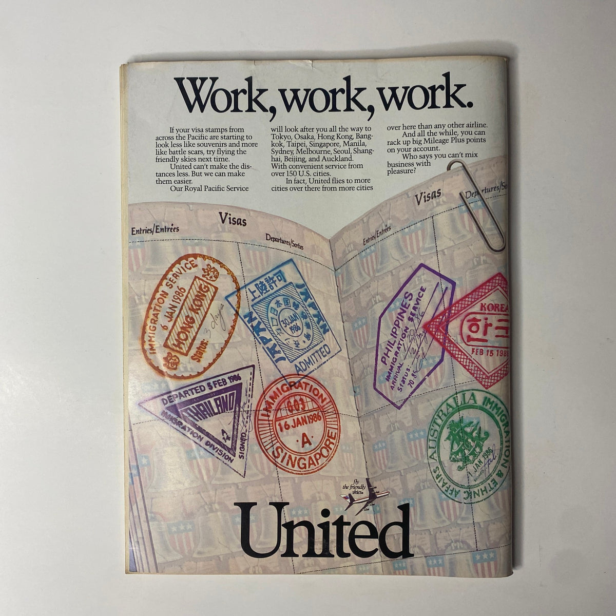 Back cover of Forbes Magazine October 20, 1986, featuring a United Airlines advertisement promoting services across Asia and Pacific.