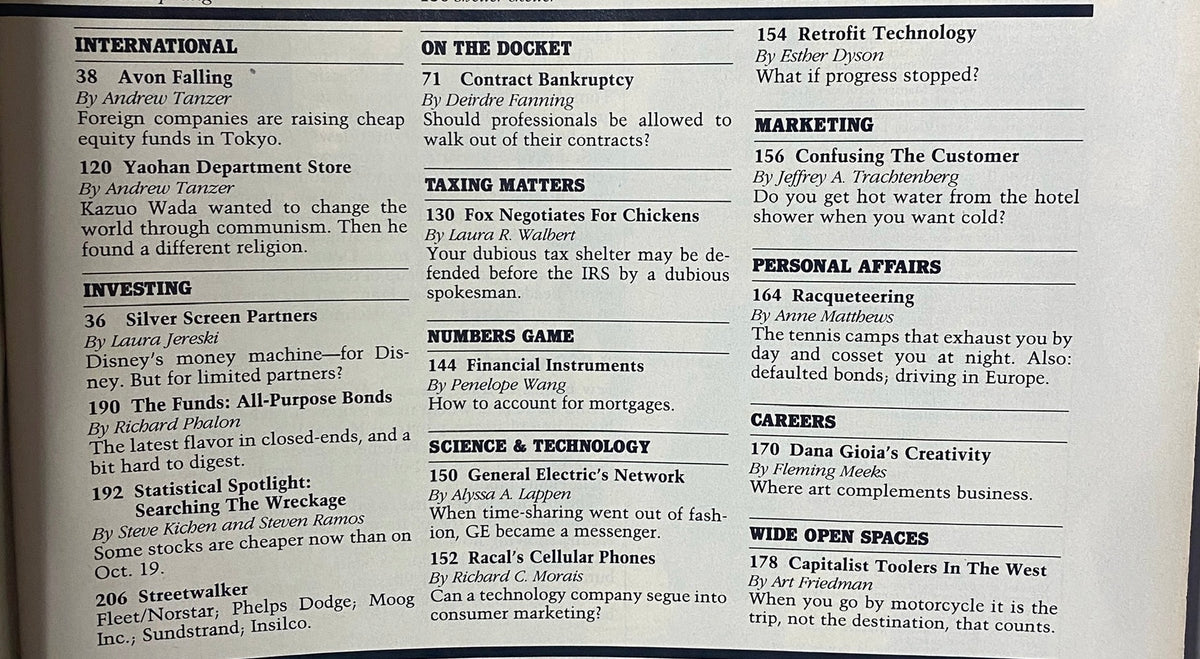 Interior pages of the 1988 Forbes Magazine outlining various articles, corporate insights, and financial discussions relevant to the time.