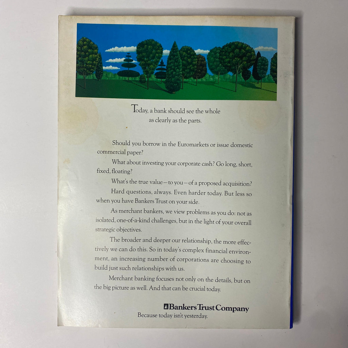 Back cover of Forbes Magazine, November 28, 1988, featuring an advertisement by Bankers Trust Company. The design includes a colorful illustration of trees and discusses banking strategies in a complex financial environment, relevant to the cover story on Congress' $5 Billion Gift to RJR Nabisco.