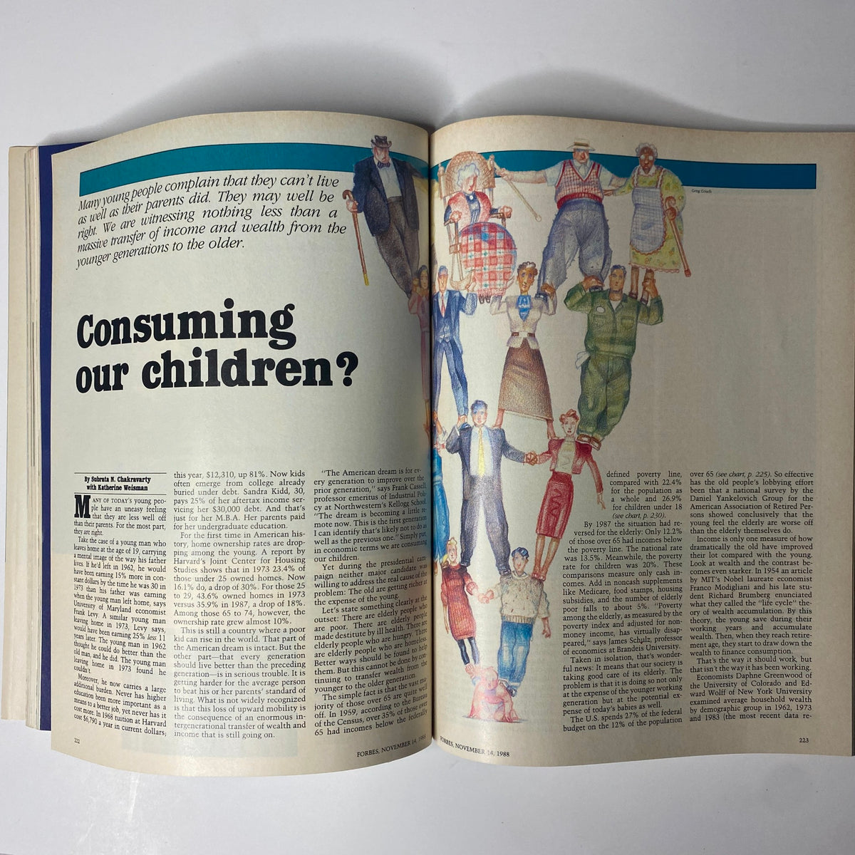 Interior page of Forbes Magazine, November 14, 1988, discussing economic issues impacting younger generations with the headline 'Consuming our children?'.