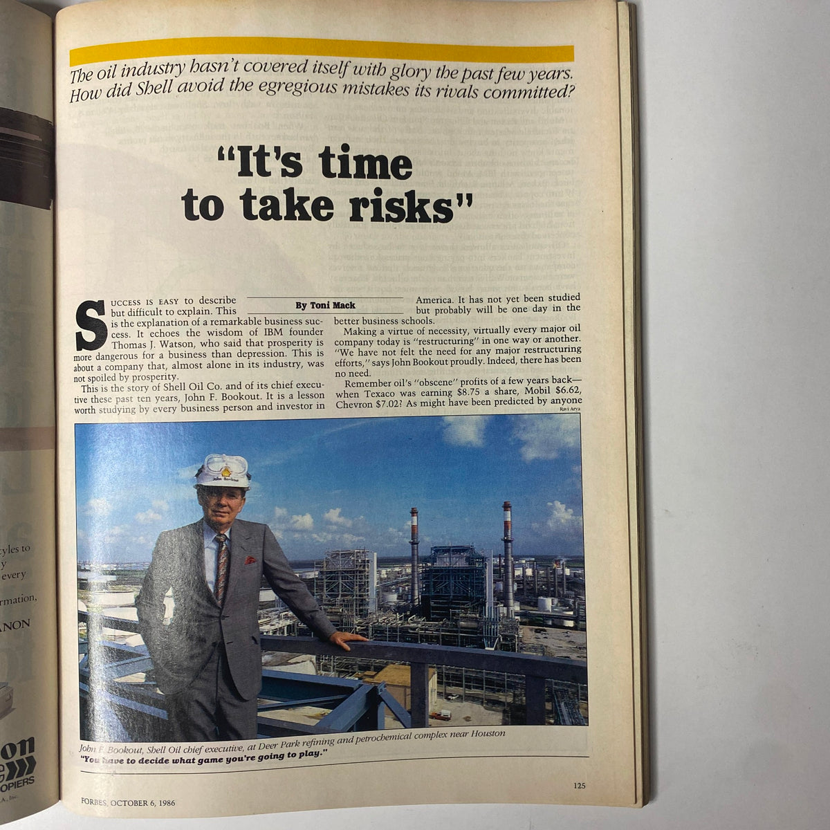 Inside page from Forbes Magazine October 6, 1986, featuring an article titled 'It's Time to Take Risks' with insights on Shell Oil and John Bookout's leadership strategies.
