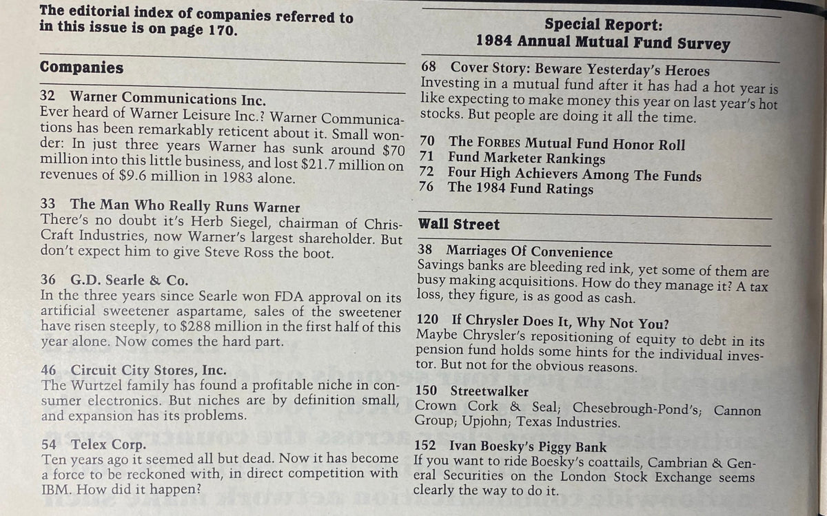 Table of contents for Forbes Magazine, August 27, 1984, highlighting the feature articles including 'Beware Yesterday's Heroes' and the 1984 Annual Mutual Fund Survey.