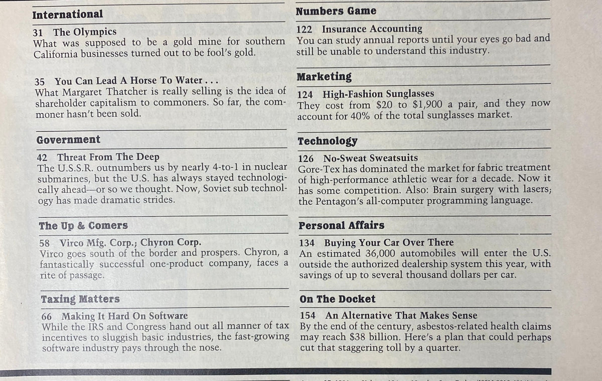 Page from Forbes Magazine, August 27, 1984, listing companies discussed in the issue like Warner Communications Inc. and Circuit City Stores, relating to the financial insights and analyses covered.