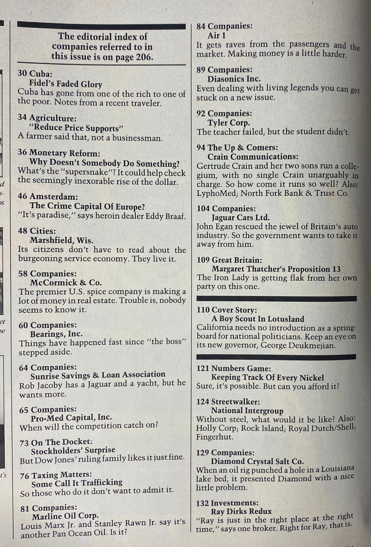 Editorial index page from the February 27, 1984 issue of Forbes Magazine, listing various articles and company profiles, providing insights into the business and economic landscape of the early 1980s.