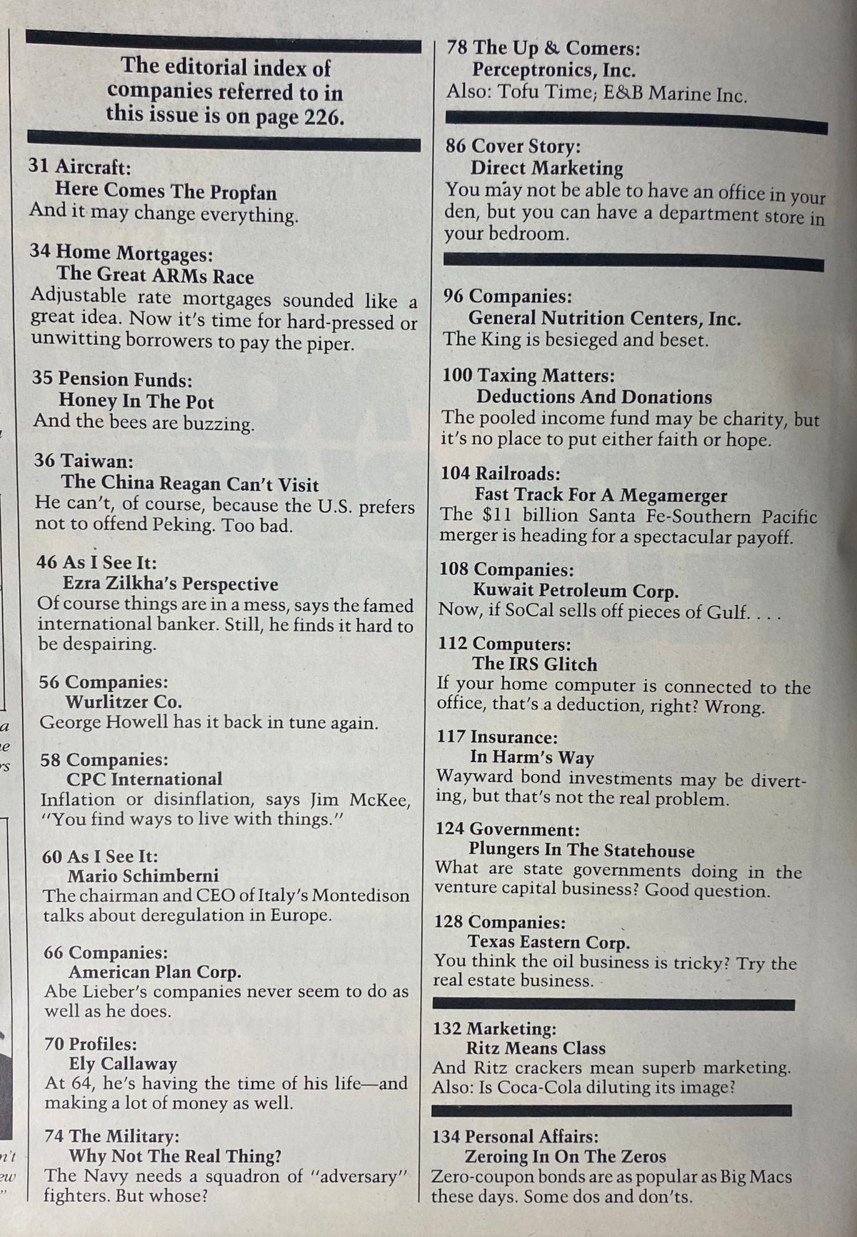Editorial index page of Forbes Magazine from May 7, 1984, listing featured articles including those on Direct Marketing, Home Mortgages, and the emerging trends in the 1980s business landscape.