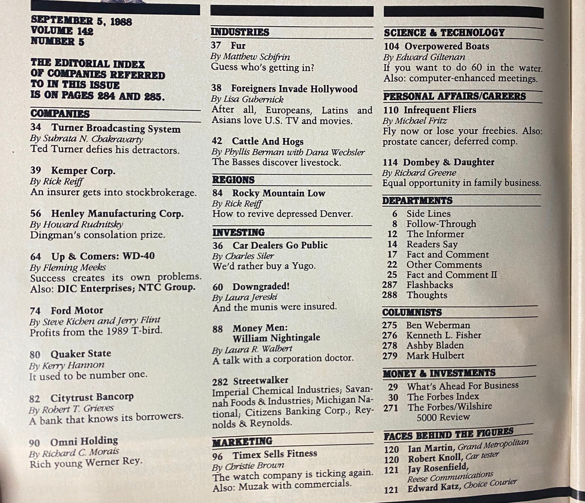 Editorial Index page from Forbes Magazine September 5, 1988, detailing articles on companies and investing trends relevant to the 1988 Fund Ratings issue.