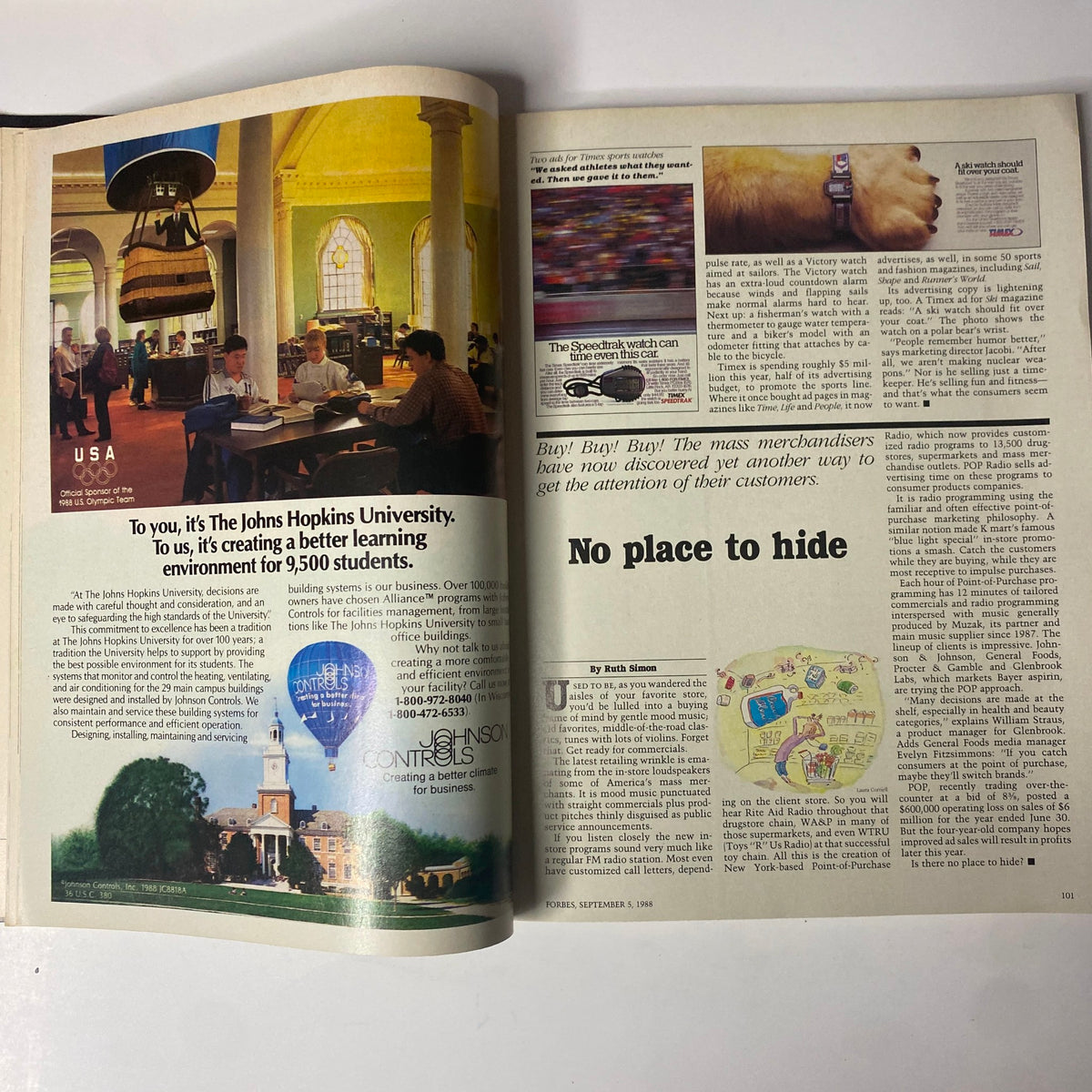 Forbes Magazine September 5, 1988 The 1988 Fund Ratings - An advertisement page featuring the Johns Hopkins University promoting a better learning environment.