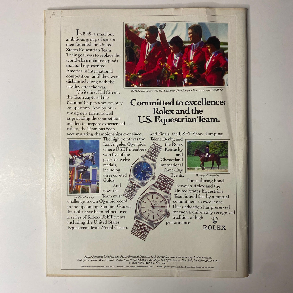 Back cover of Forbes Magazine August 22, 1988, displaying an advertisement for Rolex in partnership with the U.S. Equestrian Team, highlighting commitment to excellence in equestrian sports.