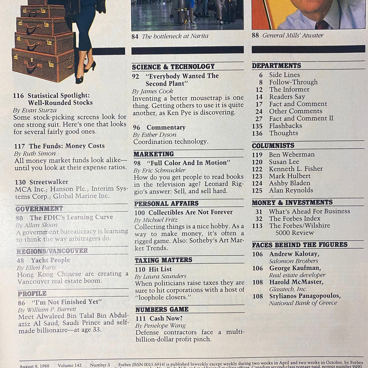 Forbes Magazine August 8, 1988 showcasing the table of contents with various articles related to business and investment, highlighting features like 'Statistical Spotlight,' 'Funds,' and insights into CBS.
