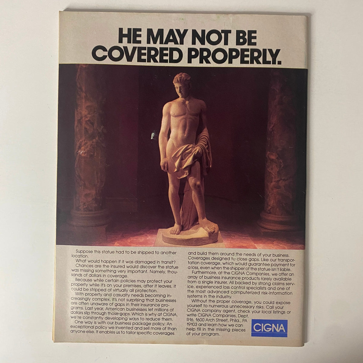 Forbes Magazine August 8, 1988 displaying an advertisement with the tagline 'He May Not Be Covered Properly,' illustrating a classical statue to promote Cigna's business insurance solutions.