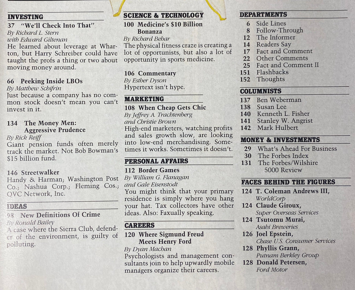 Table of contents from Forbes Magazine June 13, 1988, detailing various articles including investing, science and technology, marketing, and personal affairs, enhancing understanding of the magazine's comprehensive coverage.
