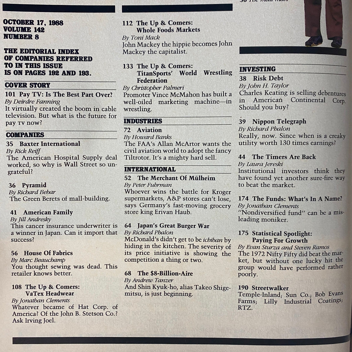 Table of contents page from Forbes Magazine, October 17, 1988, highlighting articles including 'Pay TV: Is The Best Part Over?' and various insights into corporate and market trends.