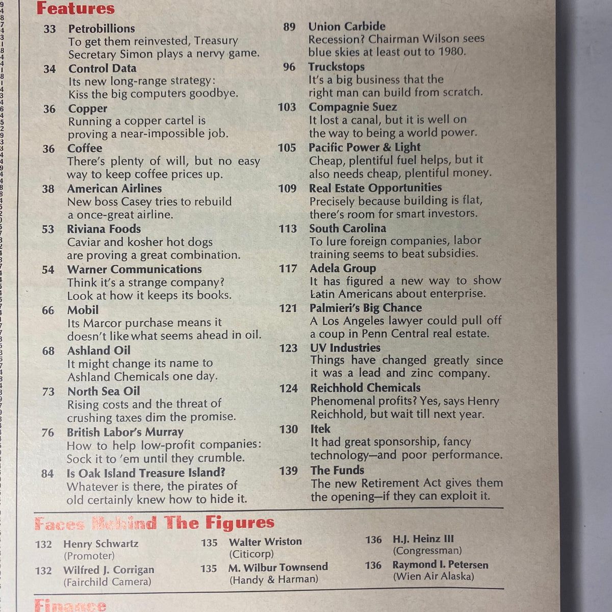 Feature index page from Forbes Magazine, November 15, 1974, listing articles including 'Petrobillions' and 'American Airlines', providing insights into business and finance trends of the 1970s.