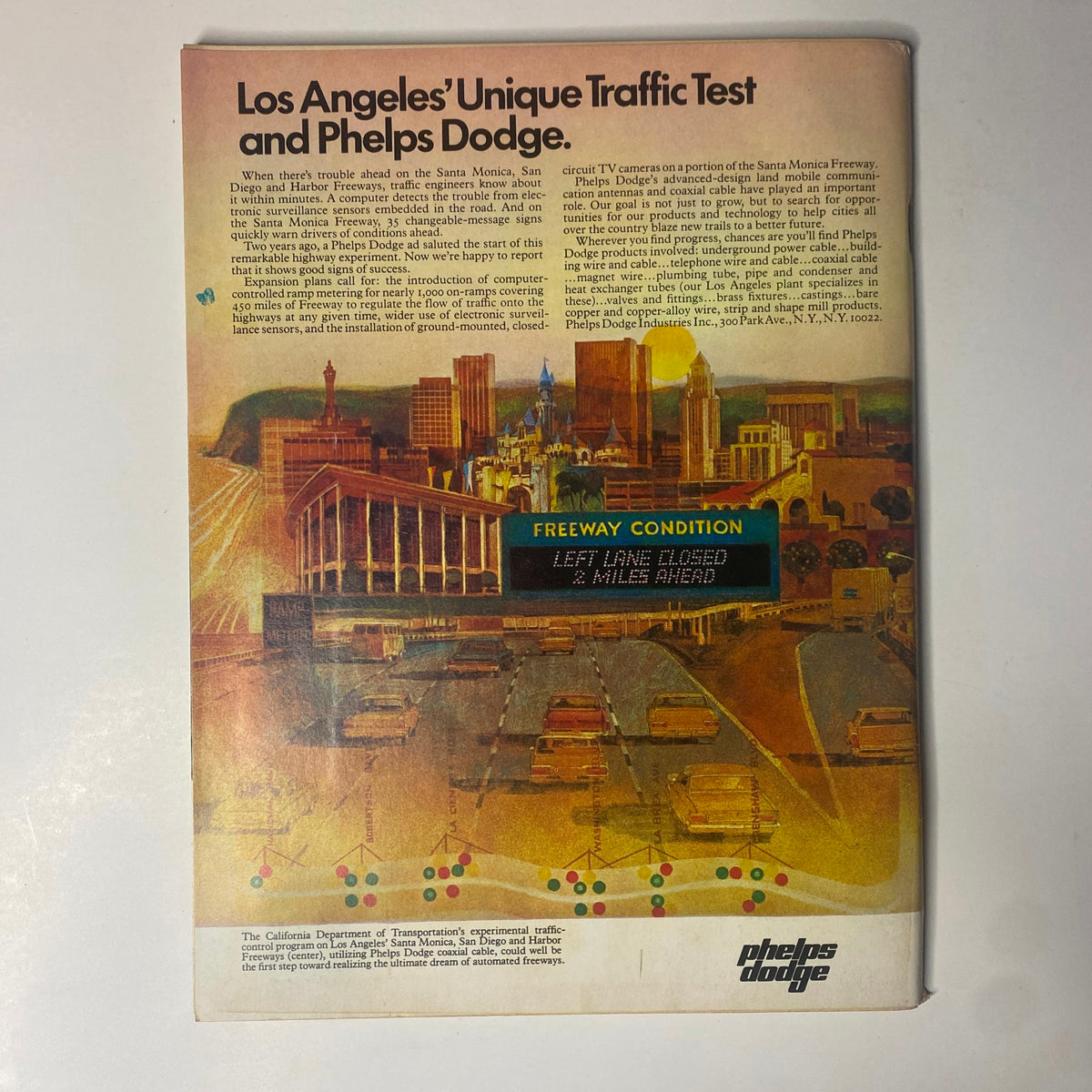 Cover of Forbes Magazine from November 15, 1974 featuring the article 'Los Angeles' Unique Traffic Test and Phelps Dodge.' The magazine discusses traffic management innovations, including the integration of electronic sensors and communication technology on the Santa Monica Freeway, highlighting its importance for urban infrastructure and corporate strategies in the 1970s.