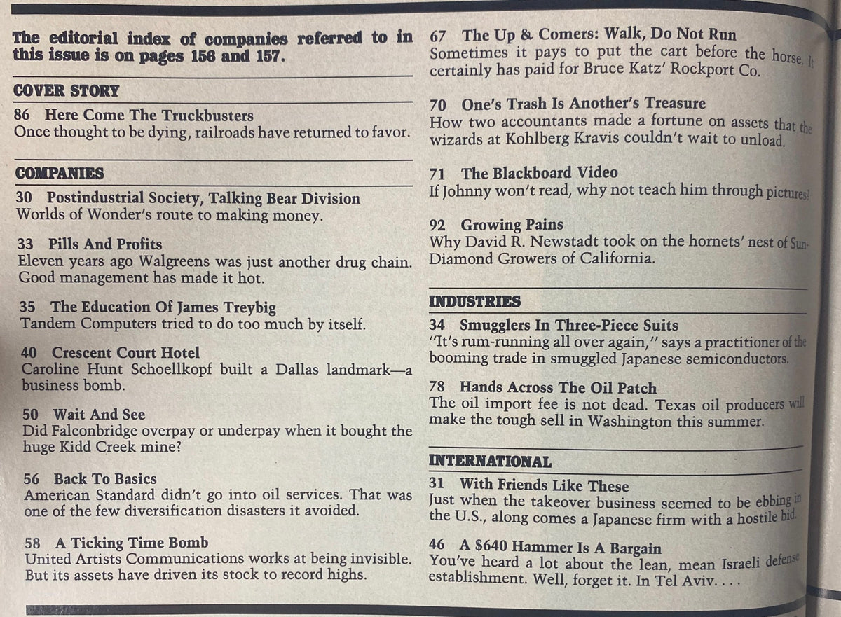 Editorial index of companies from Forbes Magazine June 30, 1986 featuring the cover story 'Here Come The Truckbusters'. Includes summaries of various articles related to corporate strategies and economic insights.