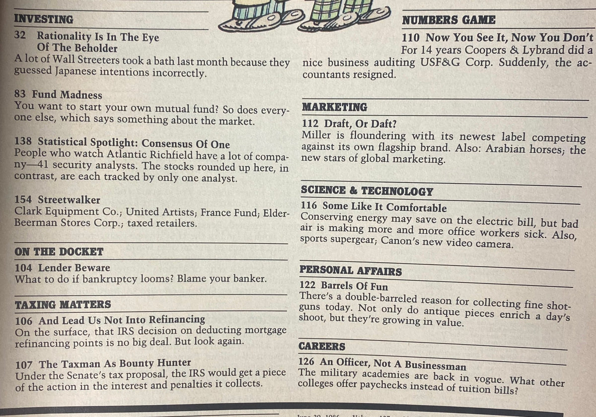 Investing section of Forbes Magazine June 30, 1986 discussing investment strategies and business narratives, including articles like 'Rationality Is In The Eye Of The Beholder' and 'Fund Madness'.