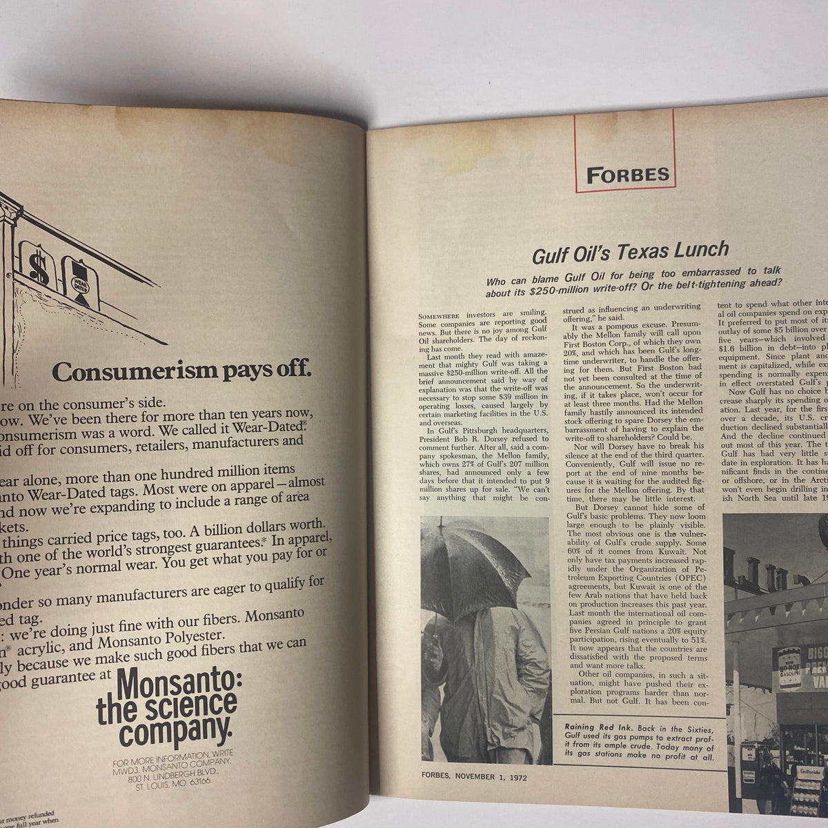 Inside spread from Forbes Magazine dated November 1, 1972, featuring the article 'Gulf Oil's Texas Lunch' discussing financial topics including consumerism and investments during that era.